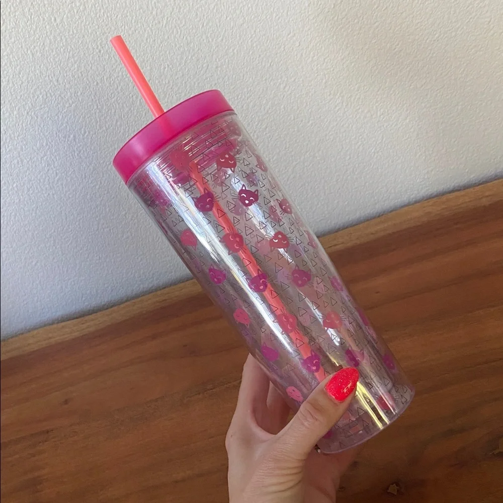 Target cat print tumbler drinking water cup with straw kitty graphic pink clear